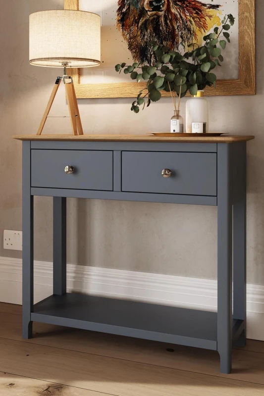 Image of FWStyle Solid Oak 2 Drawer Console Table Graphite Blue Large Oak Top Painted Finish Blue