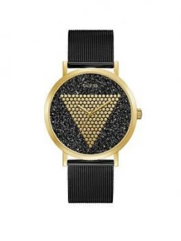 Image of Guess Guess Imprint Gold And Black Glitz Logo Mens Mesh Strap Watch