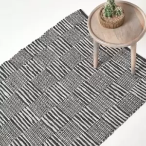 Image of Black & White Real Leather Handwoven Striped Block Check Rug, 120 x 180cm - Black - Homescapes