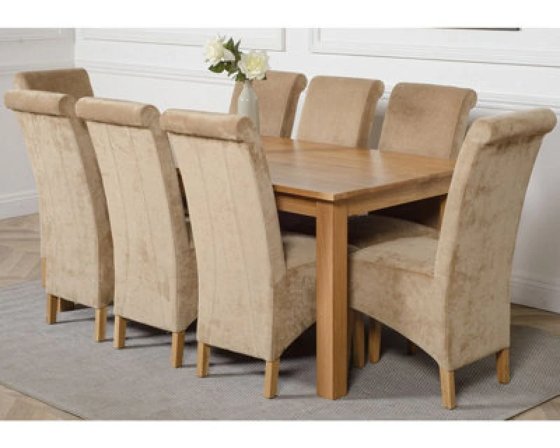 Image of Thats Furniture Oslo 180 x 90cm Large Oak Dining Table & 8 Montana Fabric Chairs in Beige Beige Unisex 180 x 90 cm