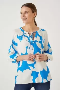 Image of Blue Stencil Floral Tie Detail Blouse