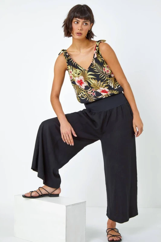 Image of Roman Womens Linen Blend Stretch Waist Culottes in Black Size: Large Black Female L