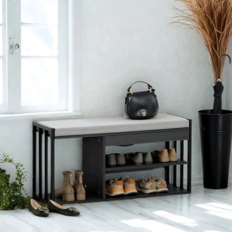 Image of FURNOS Shoe Storage Bench With Cushioned Seat & Storage Shelves in Grey Grey Unisex