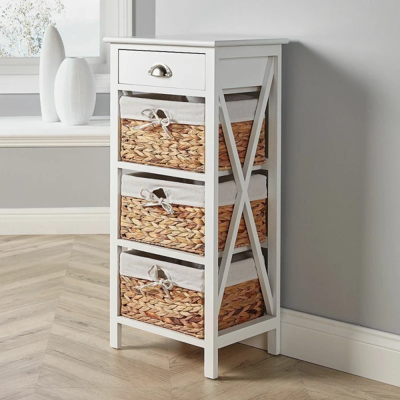 Image of Home Source Fully Assembled 1 Drawer 3 Lined Basket Storage Unit White
