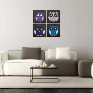 Image of Owl Family Black White Purple Blue Pink Decorative Wooden Wall Accessory
