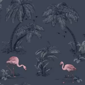 Image of Holden Flamingo Lake Palm Trees Wallpaper - Midnight Blue / Pink - 12382