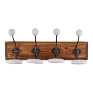 Image of 4 Double White Ceramic Coat Hooks On Wooden Base