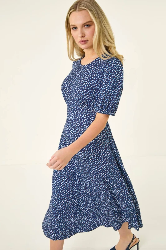 Image of Roman Womens Petite Abstract Stretch Midi Dress in Navy Size: 12 Navy Female 12