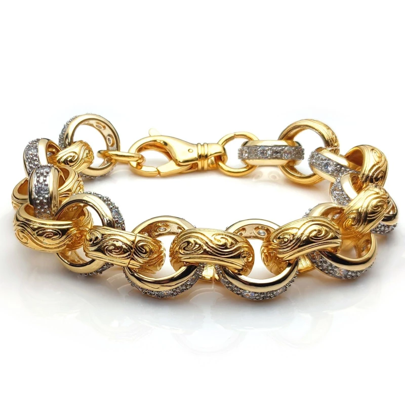 Image of Jewelco London Flash-plated Brass Patterned CZ Belcher 14mm Bracelet 7.75" 20cm - BCN079A Gold