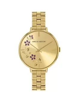 Image of Amelia Austin Floral Ladies Rose Gold Stainless Steel Bracelet Pink Stone Set Etched Dial Watch, Rose Gold, Women