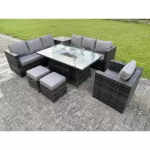 Image of Fimous 7 Seater Outdoor Dark Grey Rattan Lounge Complete Sofa Set with Gas Fire Pit Table, Gas Heater and 2 Footstools