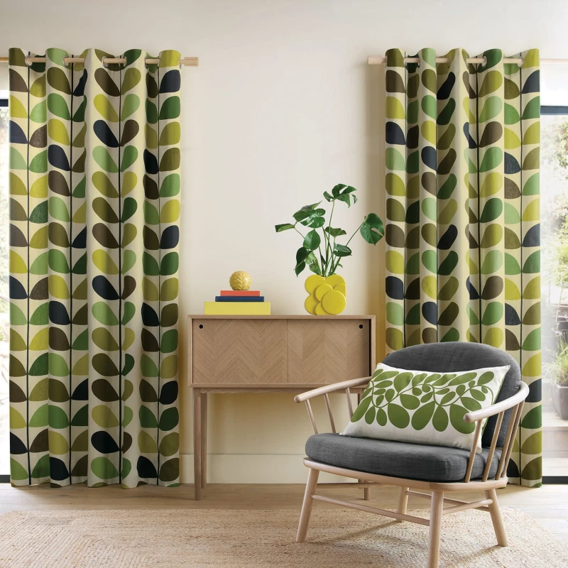 Image of Orla Kiely Multicolour Stem Eyelet Curtains, 117 X 229cm, Fern-ochre