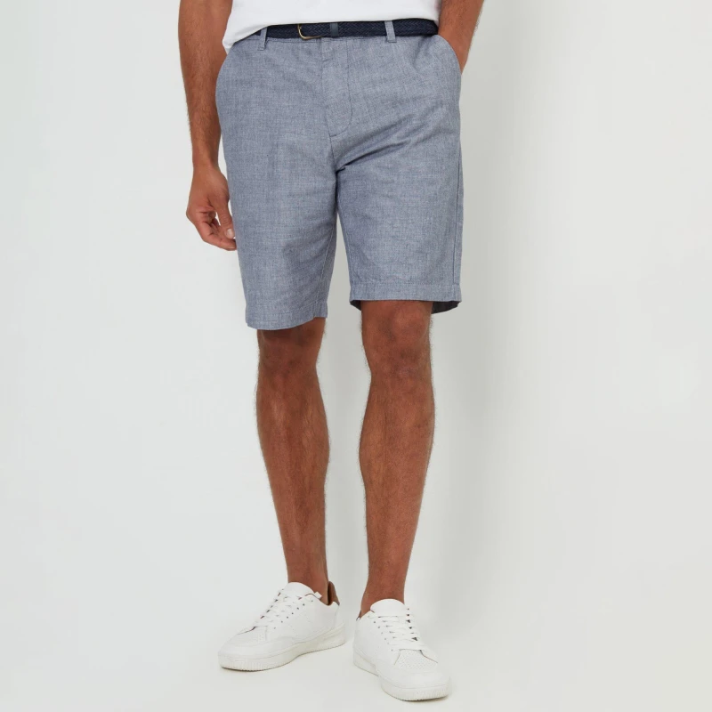 Image of Threadbare 'Barny' Textured Belted Cotton Shorts Grey