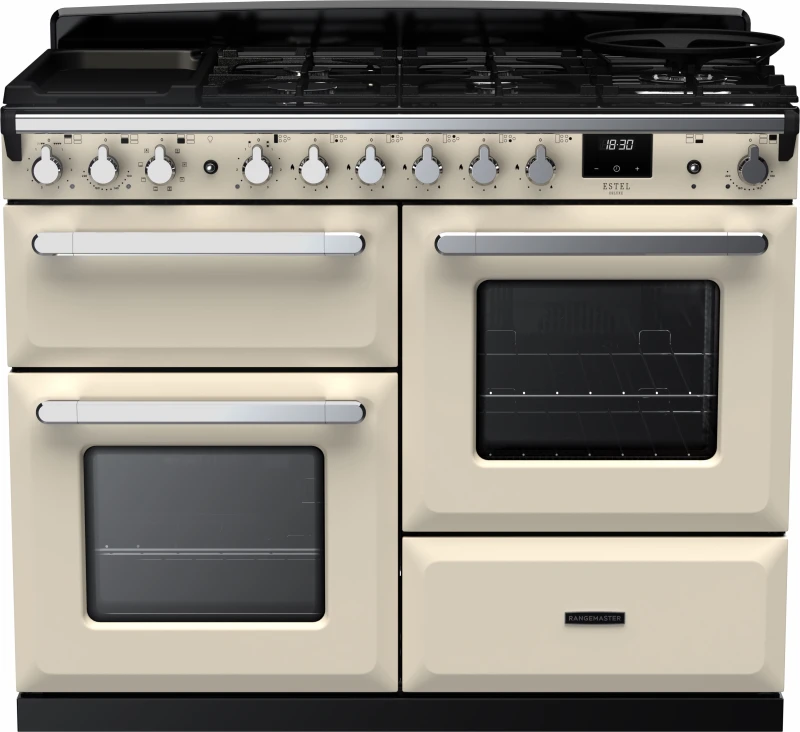 Image of Rangemaster Estel Deluxe ESDLO110DFPPCR/CM1 110cm Dual Fuel Range Cooker - Cream / Brass - A/A Rated