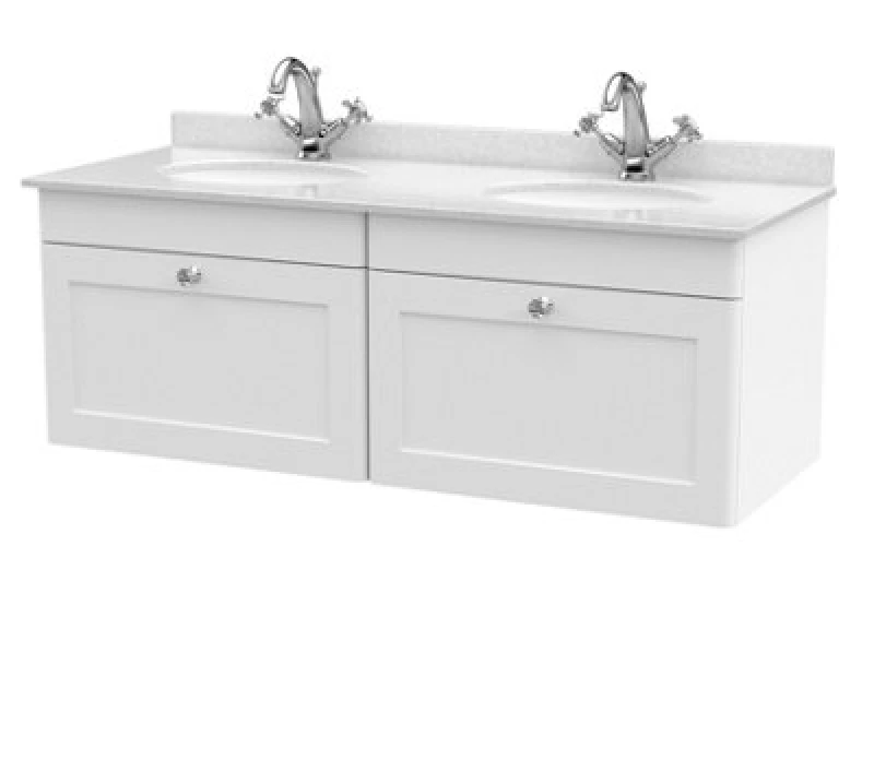 Image of Nuie Classique Wall Hung 2 Drawer Vanity Unit & 1 Tap Hole White Marble Top With Oval Basin, Stylish Sink Vanity Unit In Satin