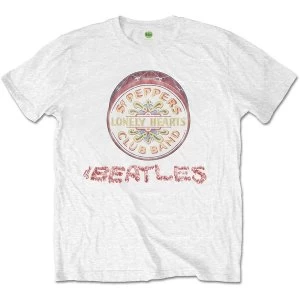 Image of The Beatles - Flowers Logo & Drum Unisex Large T-Shirt - White