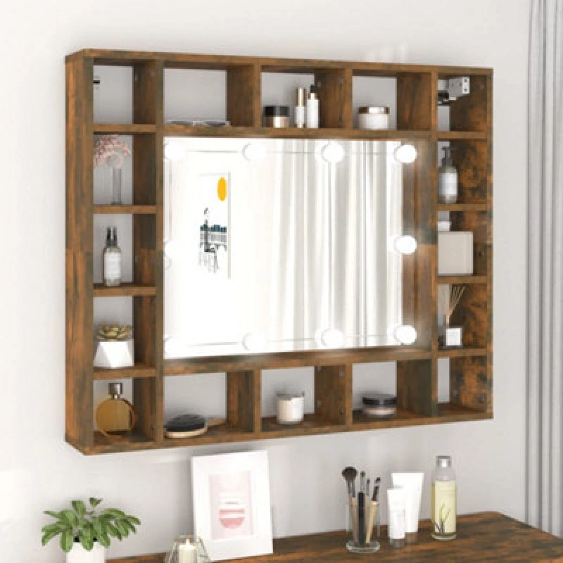 Image of Vidaxl Mirror Cabinet With LED Smoked Oak 91X15X76.5 Cm, Brown 820448