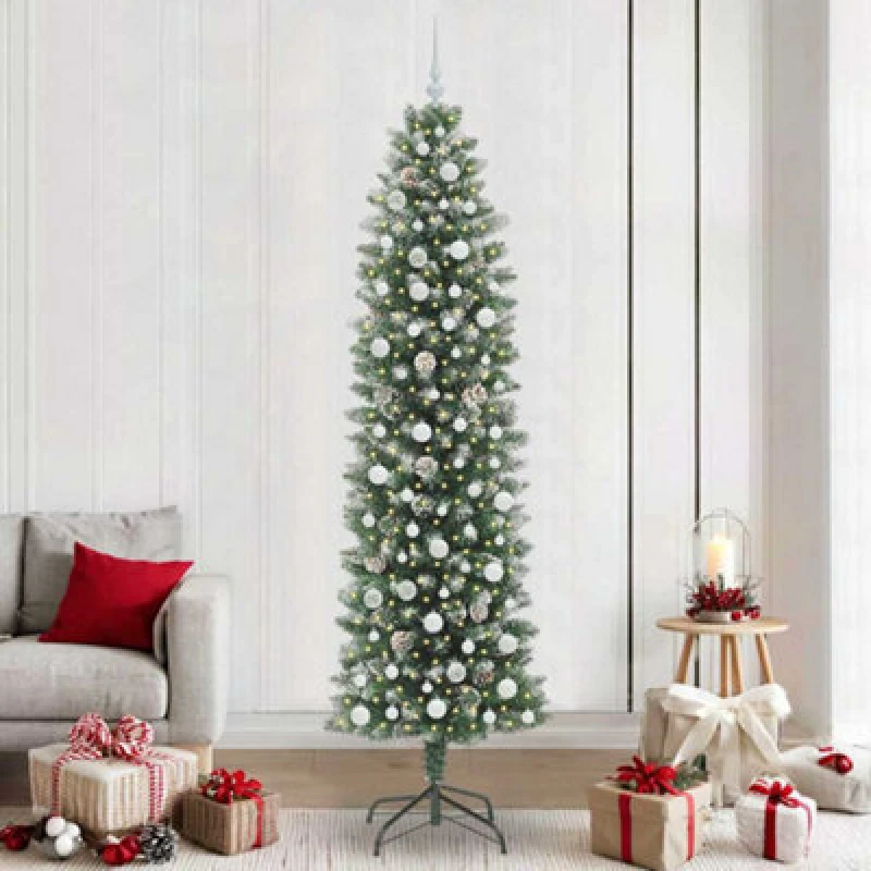 Image of vidaXL Artificial Slim Christmas Tree with White Balls Green and white 240 cm, Green 3395320