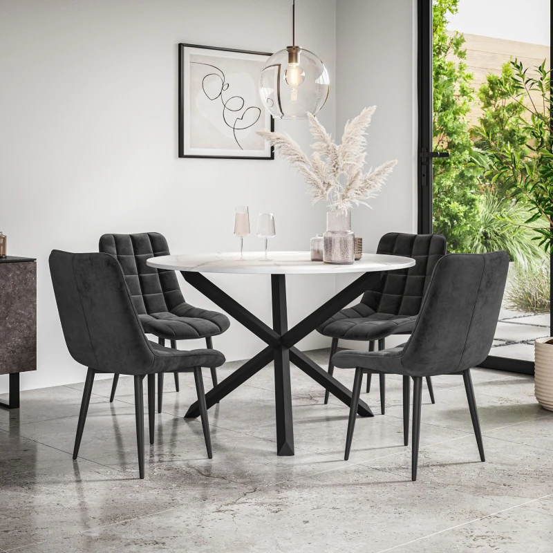 Image of More4Homes Malvern Round Dining Table And Chairs - Marble Table Top W Solid Black Oak Legs + Nova Velvet Dining Chair Set Of 4 (Black)