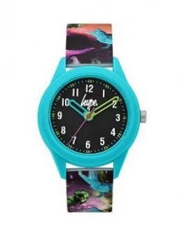 Image of Hype Hype Black And Blue Case Dial Dinosaur Print Silicone Strap Kids Watch