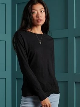 Image of Superdry Embroidered Hem Slub Long Sleeved Top, Black, Size 6, Women