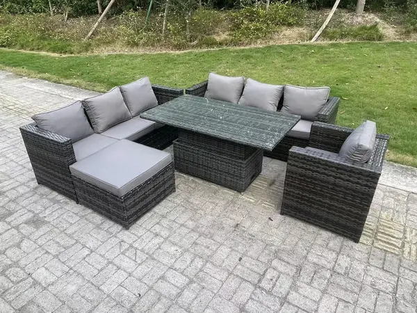 Image of Fimous 7 Seater Outdoor Dark Grey Rattan Lounge Complete Sofa Set with Adjustable Dining Table and Big Footstool