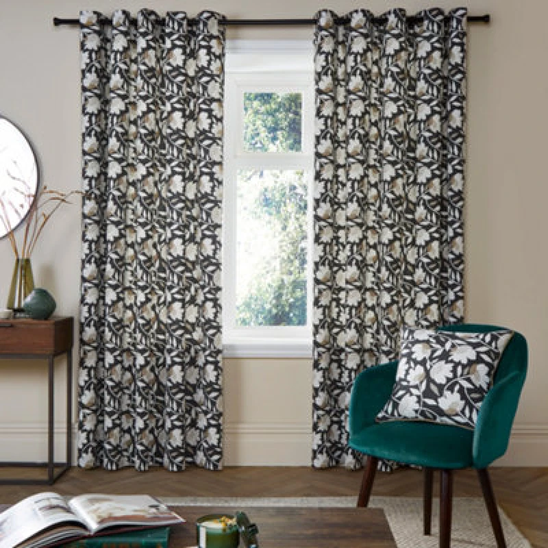 Image of Fusion 'Luna' 100% Cotton Pair of Eyelet Curtains in Black Size: 168cm width x 229cm drop Black Unisex 168cm width x 229cm drop