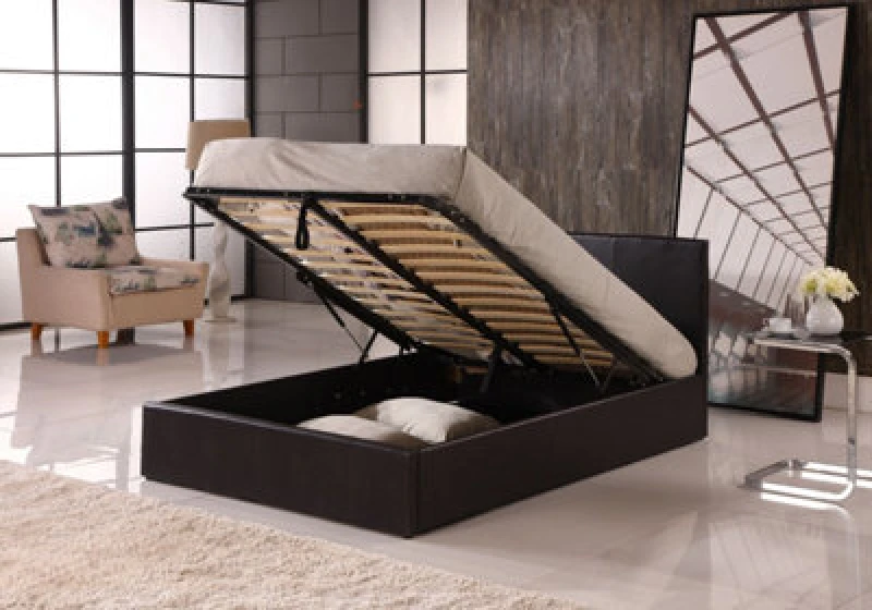 Image of Modernique Modernique Ottoman Double Storage Bed Faux Leather with Gas Lift Up Base in Brown Size: Small Double Brown Small Double Unisex 4673802624