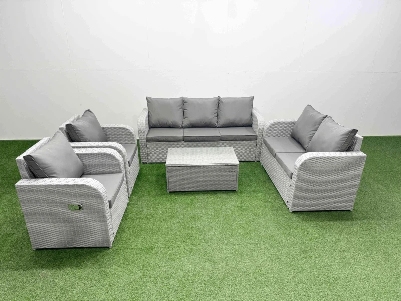 Image of Fimous PE Rattan Garden Furniture Set Adjustable Chair Sofa Double Love Seat 2 Seater Sofa Lounge Set Oblong Coffee Table Light Grey Light Grey