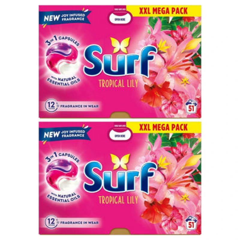 Image of Surf 3 In 1 Laundry Washing Detergent Capsules Tropical Lily, 102 Washes, 2Pk