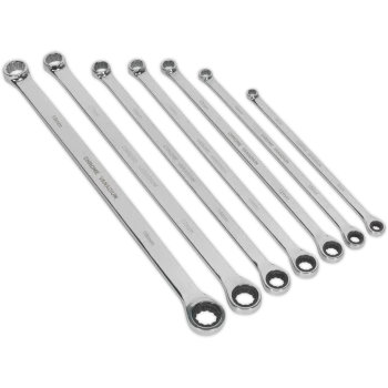 Image of Sealey 7 Piece Extra Long Ratchet and Fixed Ring Spanner Set