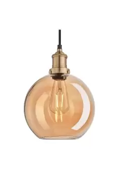 Image of Brooklyn Tinted Glass Globe Pendant, 9 Inch, Amber, Brass Holder