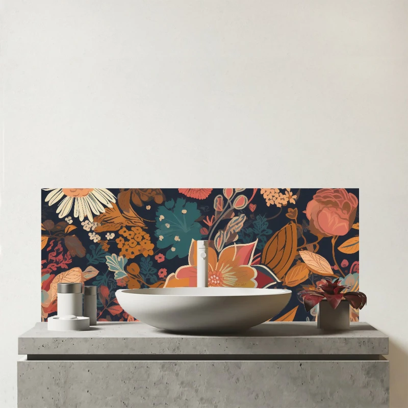 Image of Warren Reed - Designer Boho Chic Flower Glass Bathroom Splashback in Orange Orange Unisex