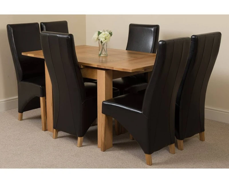 Image of Thats Furniture Richmond 90-150cm Square Oak Extending Dining Table + 6 Lola Leather Chairs in Black Unisex