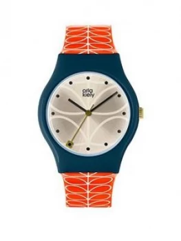 Image of Orla Kiely Bobby Champagne and Blue Dial Pink Stem Print Silicone Strap Ladies Watch, One Colour, Women