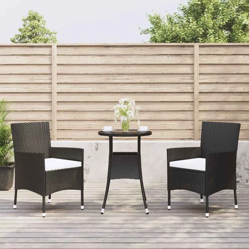 Image of VIDAXL 3 Piece Garden Bistro Set with Cushions Black Poly Rattan Vidaxl 8720845859688
