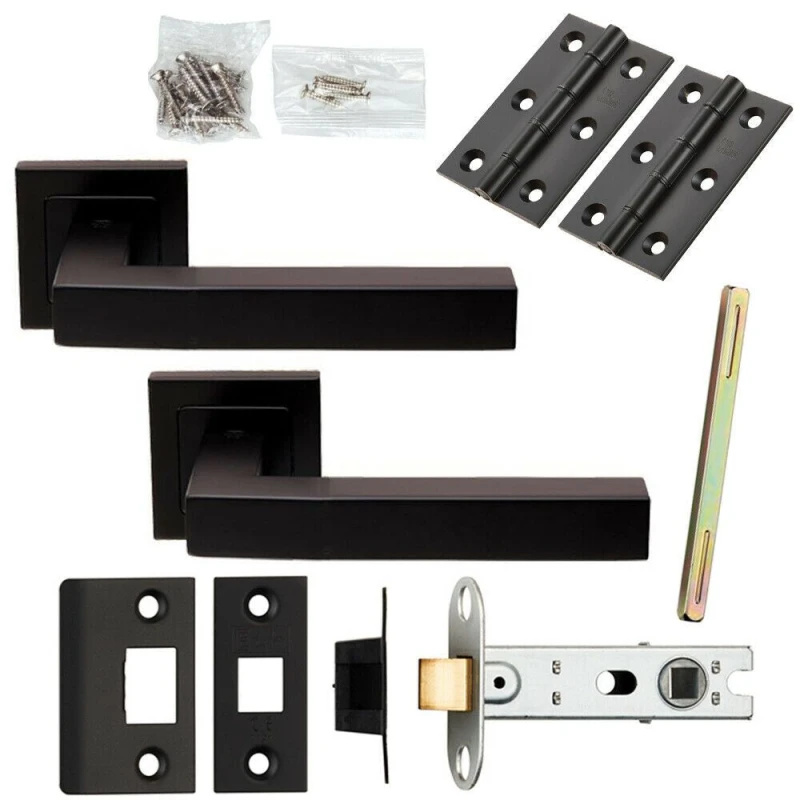 Image of Loops Door Handle & Latch Pack Matt Black Cube Straight Lever Screwless Square Rose Black