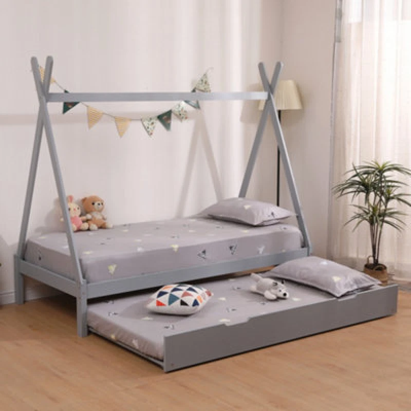 Image of SlumberWorx Harry Kids Childrens Wooden Teepee Single Bed Frame with Guest Trundle Grey