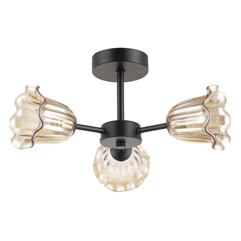 Image of Happy Homewares Designer Matte Black Ceiling Light with Amber Floral Glass Shades Black Unisex