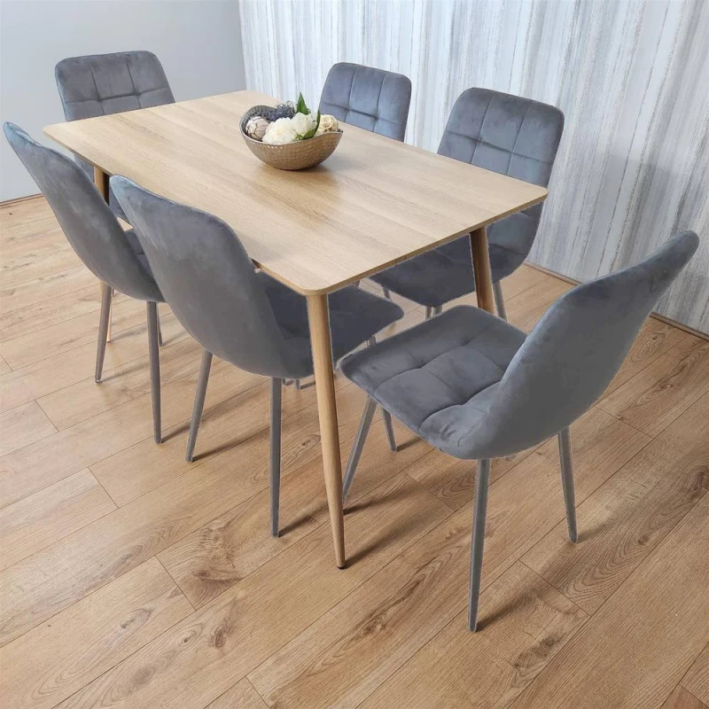 Image of Kosy Koala Dining Table And 6 Chairs Wood Effect 6 Grey Velvet Chairs Dining Set, Multi BELARETWD+6GYRO