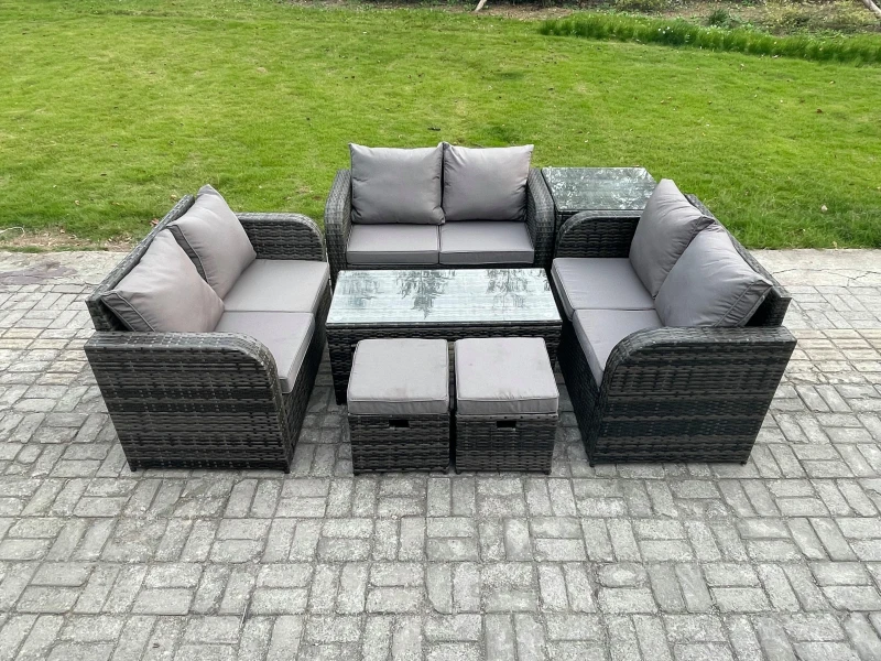 Image of Fimous 8 Seater Rattan Garden Furniture Set Indoor Outdoor Patio Sofa Set with Coffee Table Love seat Sofa Side Table 2 Small Footstools Dark Grey Mix