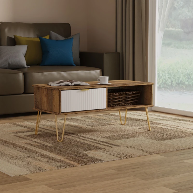 Image of Linear Ready Assembled Matt White Dark Oak Effect 1 Drawer Small Coffee Table (H)455mm (W)905mm (D)395mm