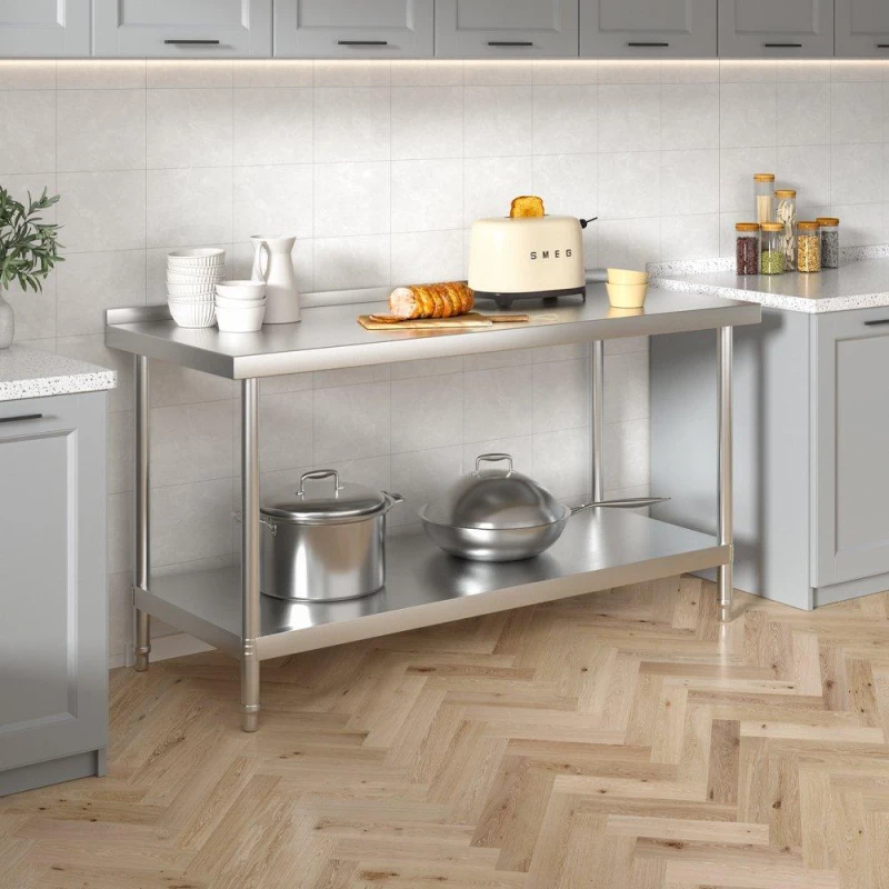 Image of Kabinet UK 1.5m 2 Tier Stainless Steel Table with Backsplash Silver unisex One size