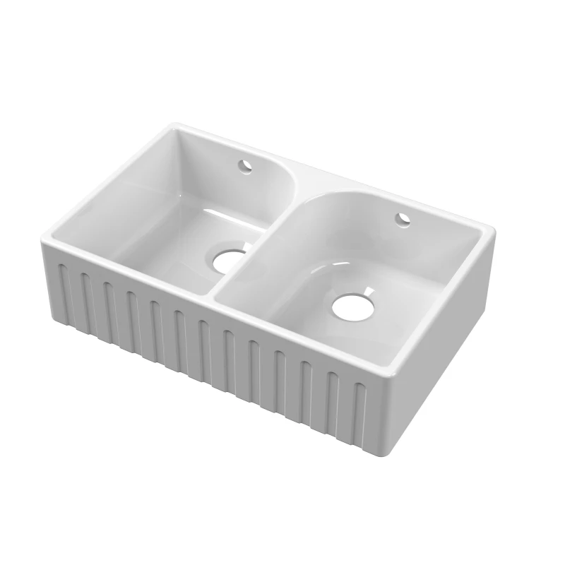 Image of Balterley Fireclay Kitchen 2 Bowl Fluted Front Butler Sink with Full Weir 795mm White