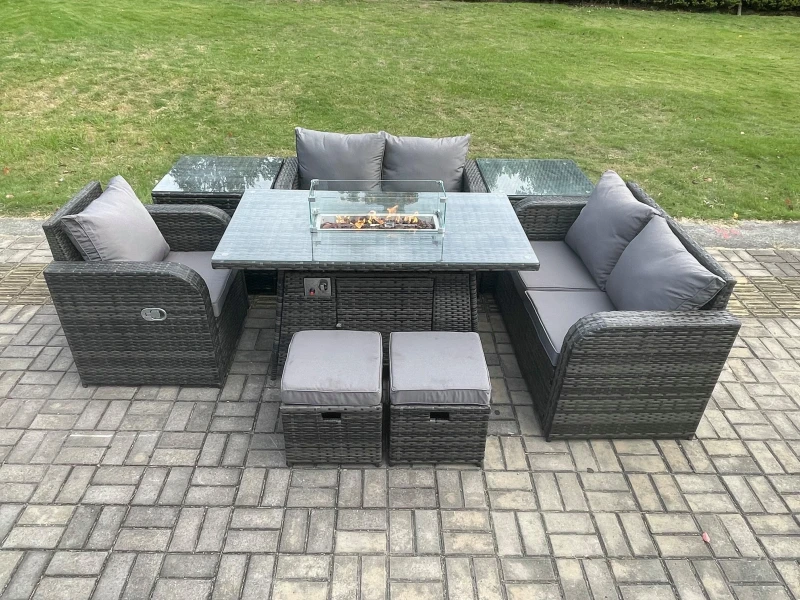 Image of Fimous Outdoor Sofa Rattan Garden Furniture Set Patio Gas Fire Pit Dining Table and Reclining Chair set with 2 Side Tables 2 Small Footstools Dark Dar