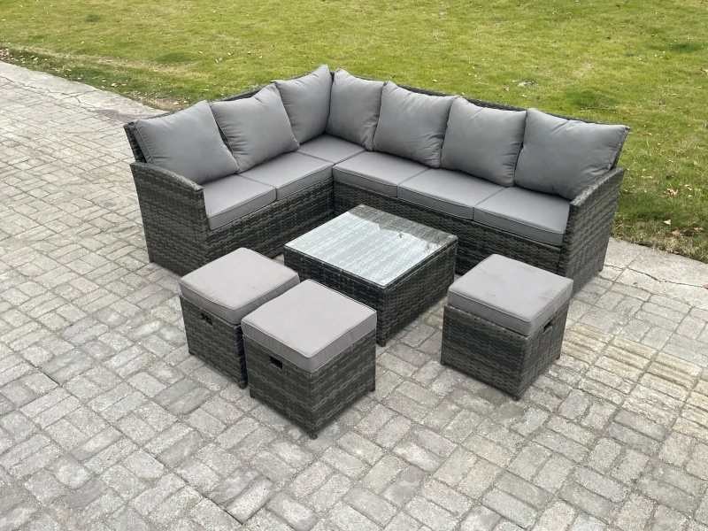 Image of Fimous 9 Seater Outdoor Garden Furniture Set Wicker PE Rattan Corner Sofa Set with Square Coffee Table 3 Footstools Dark Grey Mixed Dark Grey