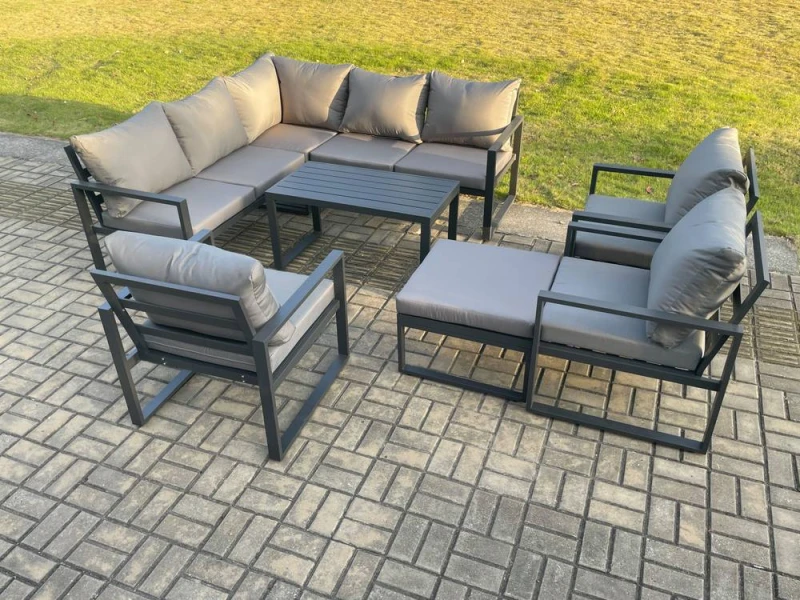 Image of Fimous 9 Seater Aluminium Outdoor Garden Furniture Set Patio Lounge Sofa with Oblong Coffee Table Chair Big Footstool Dark Grey Dark Grey Unisex