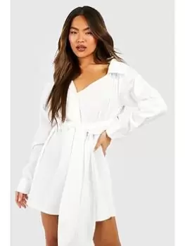Image of Boohoo Poplin Asymmetric Belted Shirt Dress - White, Size 12, Women