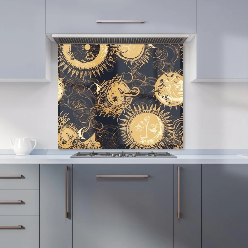 Image of Warren Reed - Designer Moon & Sun Gold Blue Kitchen Splashback in Yellow Size: 600mm x 600mm Yellow Unisex 600mm x 600mm
