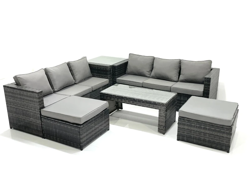 Image of Fimous Garden Outdoor Rattan Furniture Set with Sofa Coffee table 2 Bigl Footstools Side Table Dark Grey Mixed Dark Grey